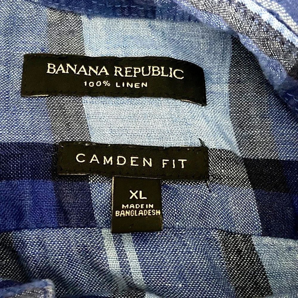 Banana Republic Linen Blue Plaid Shirt Short Sleeve Camden‎ Fit Button Up Sz XL